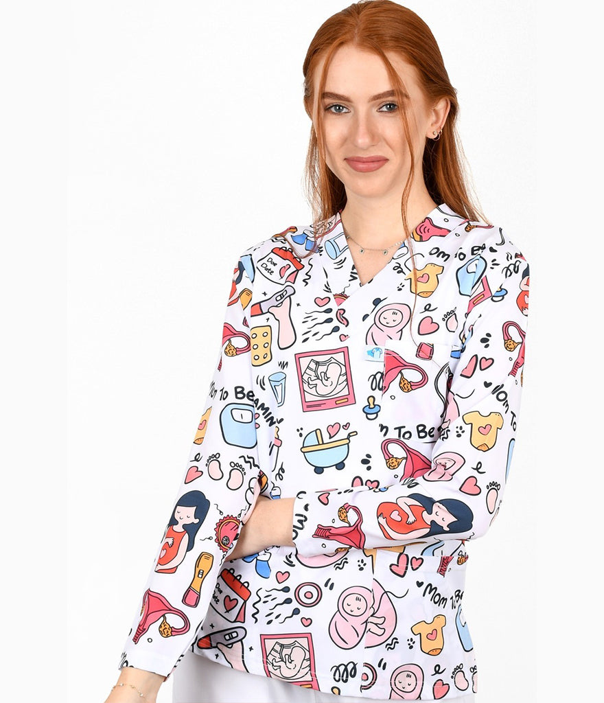 GlowBaby Medical 3-Pocket STRETCH V-Neck Print Scrub Top