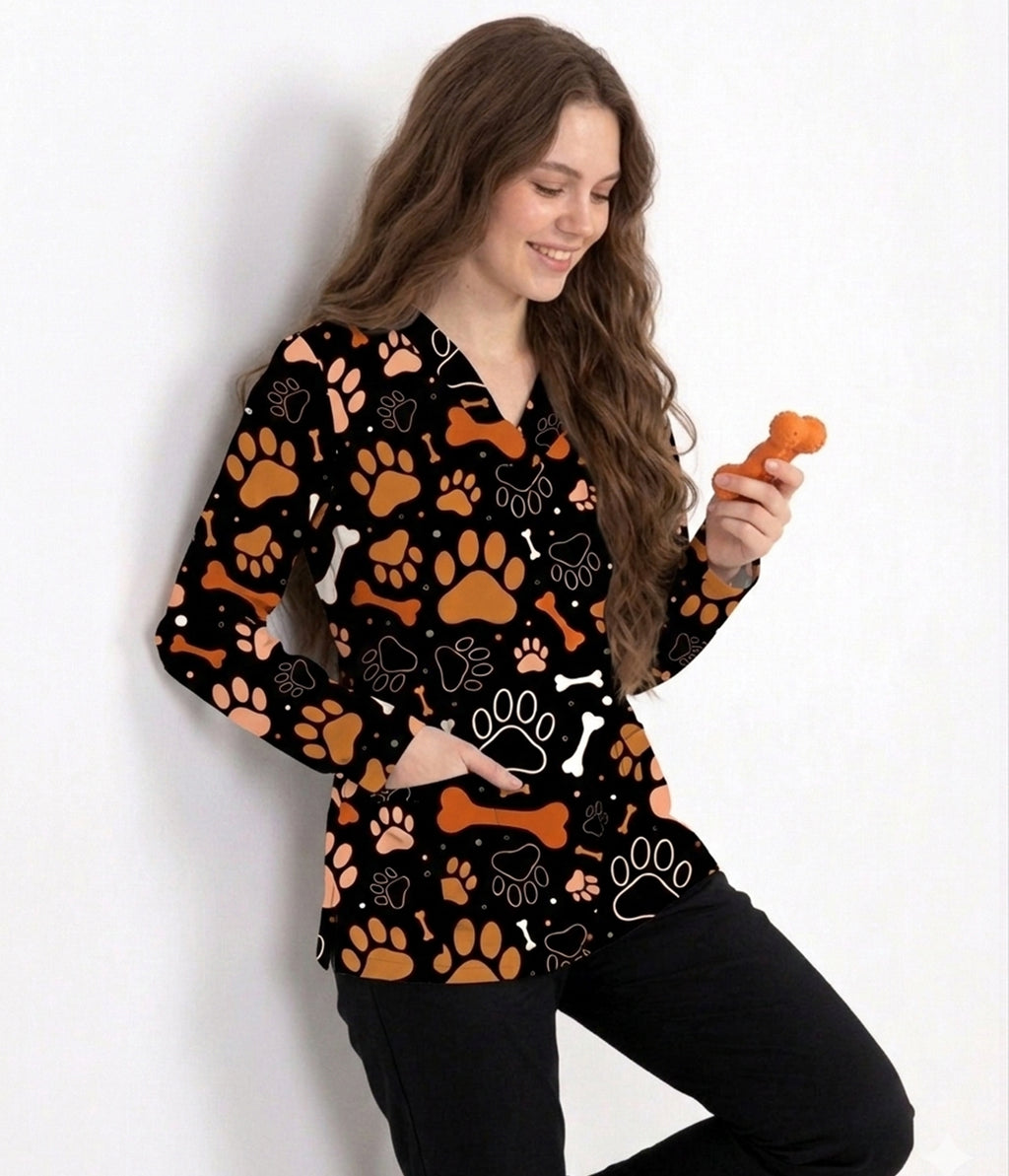 Paws & Bones veterinary scrub top with paw print pattern