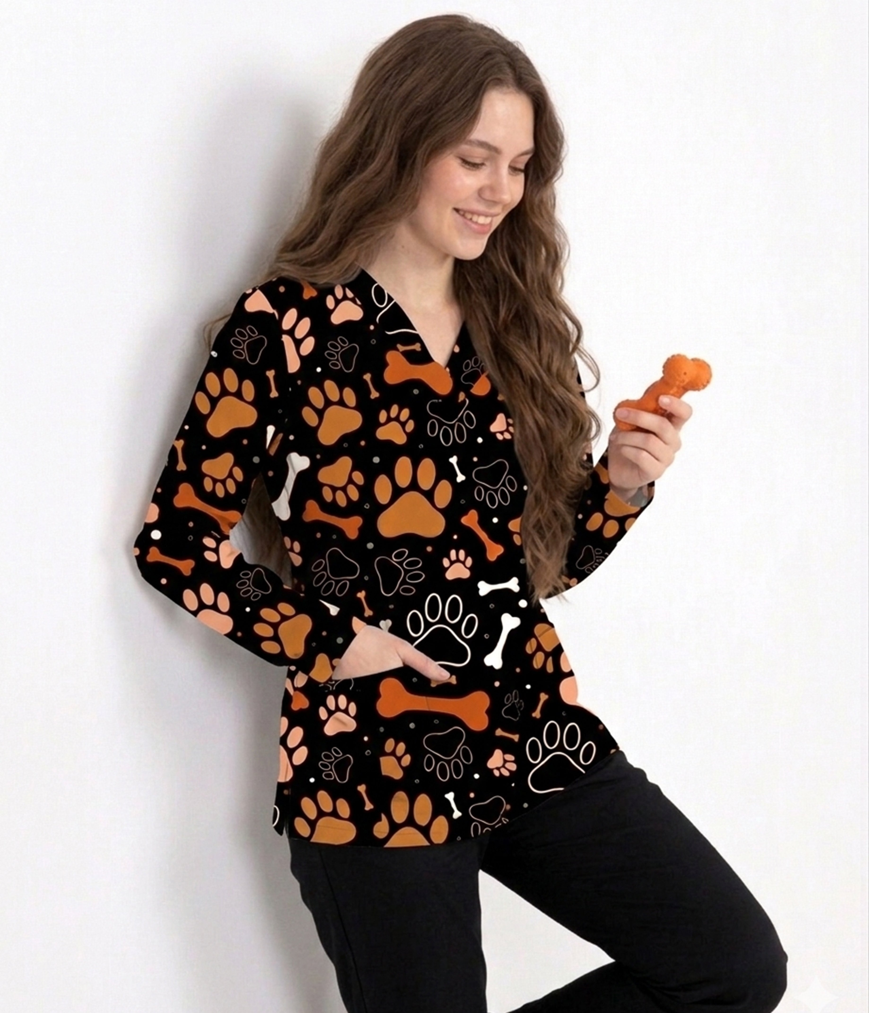 Paws & Bones veterinary scrub top with paw print pattern