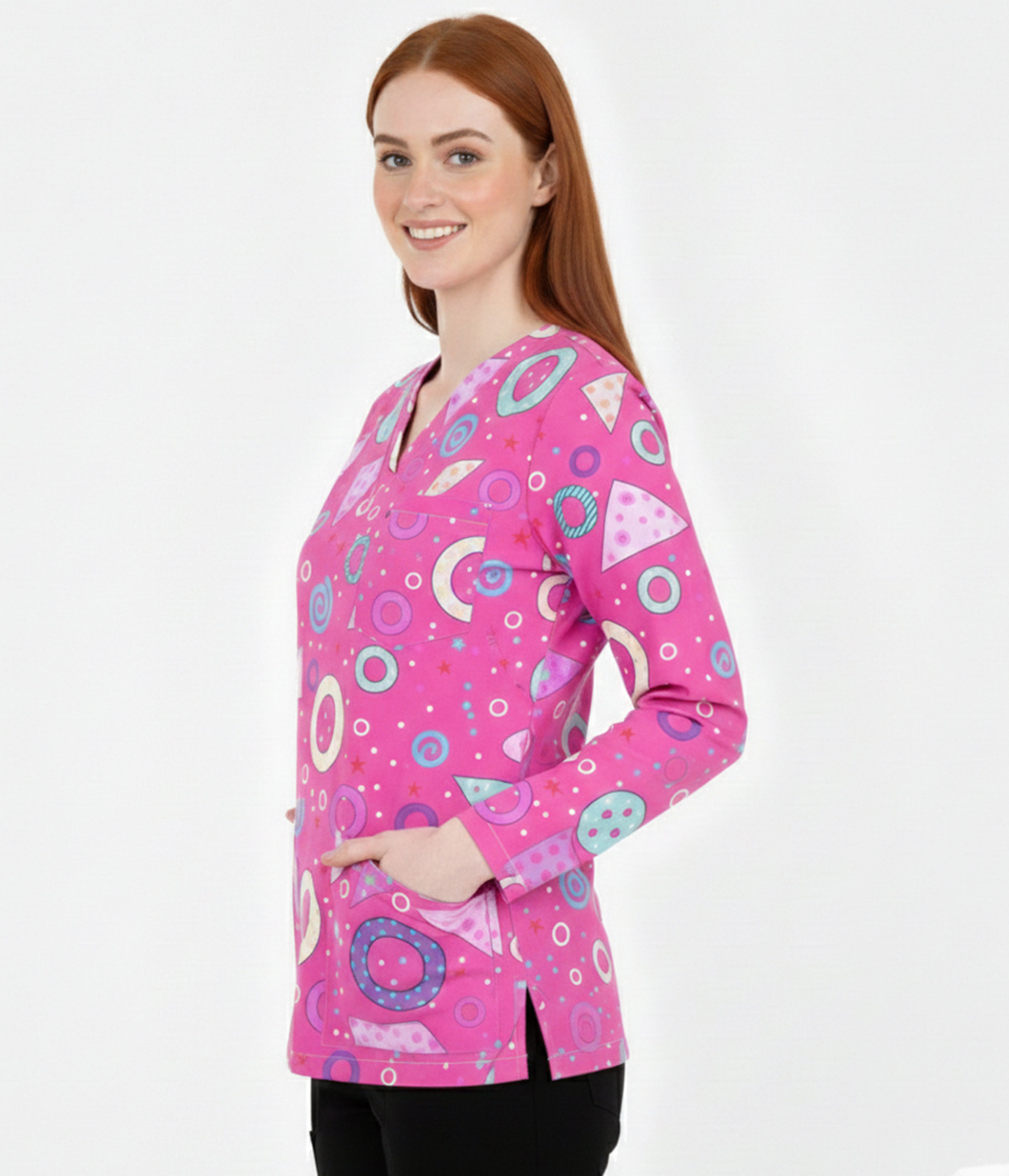 Confetti pink medical 3-Pocket STRETCH V-Neck Print Scrub Top