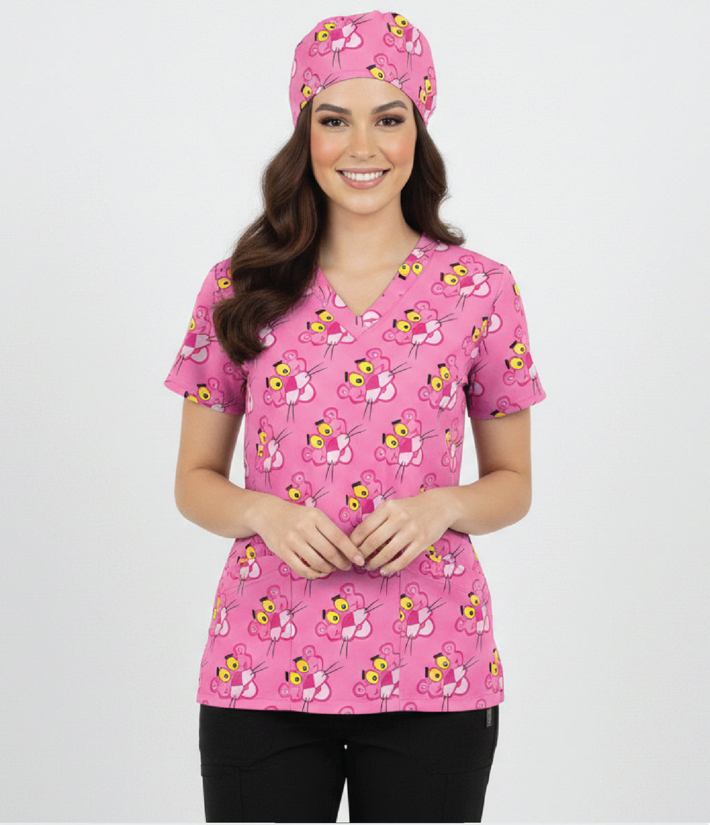 Pink Panther print medical scrub top for nurses with V-neck design and pink cartoon pattern healthcare uniform