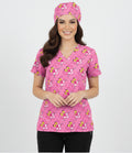 Pink Panther print medical scrub top for nurses with V-neck design and pink cartoon pattern healthcare uniform