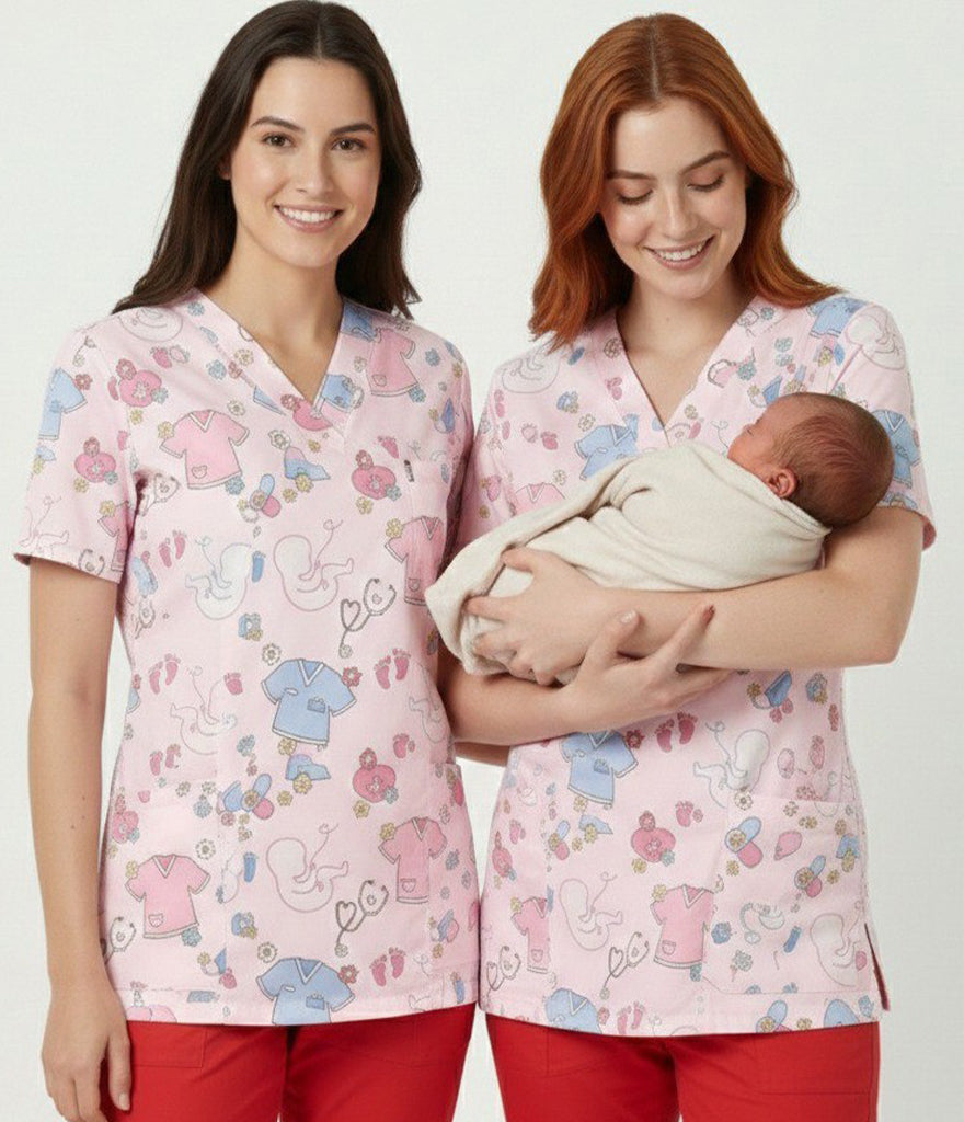 Neonatal 3-Pocket STRETCH V-Neck Print Scrub Top