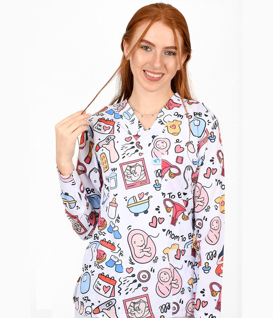 GlowBaby Medical 3-Pocket STRETCH V-Neck Print Scrub Top