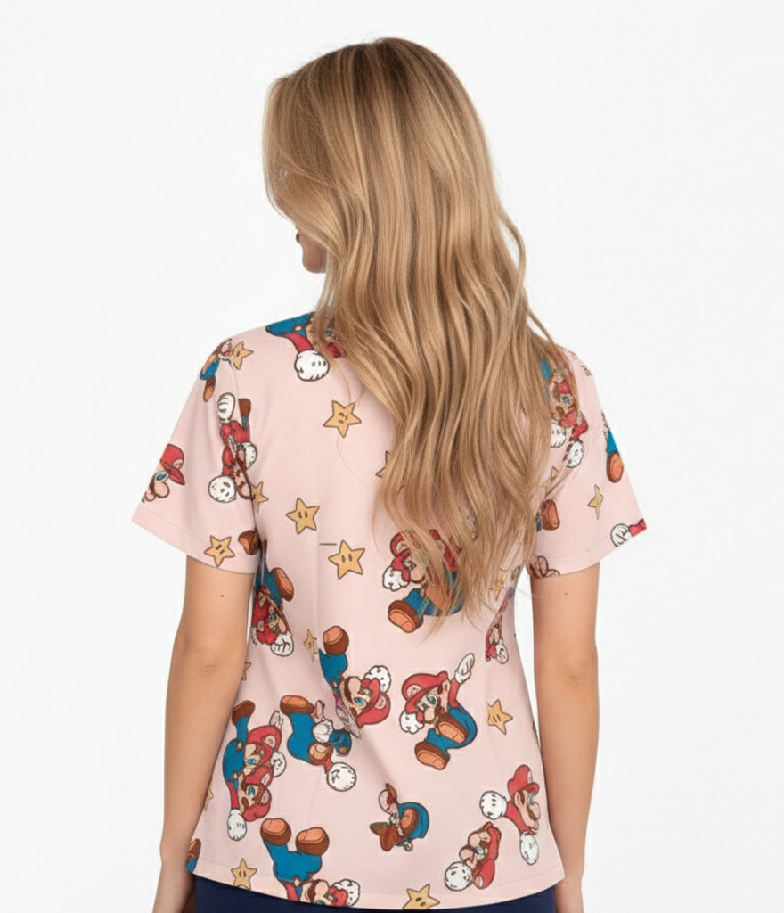 Super Mario medical 3-Pocket STRETCH V-Neck Print Scrub Top