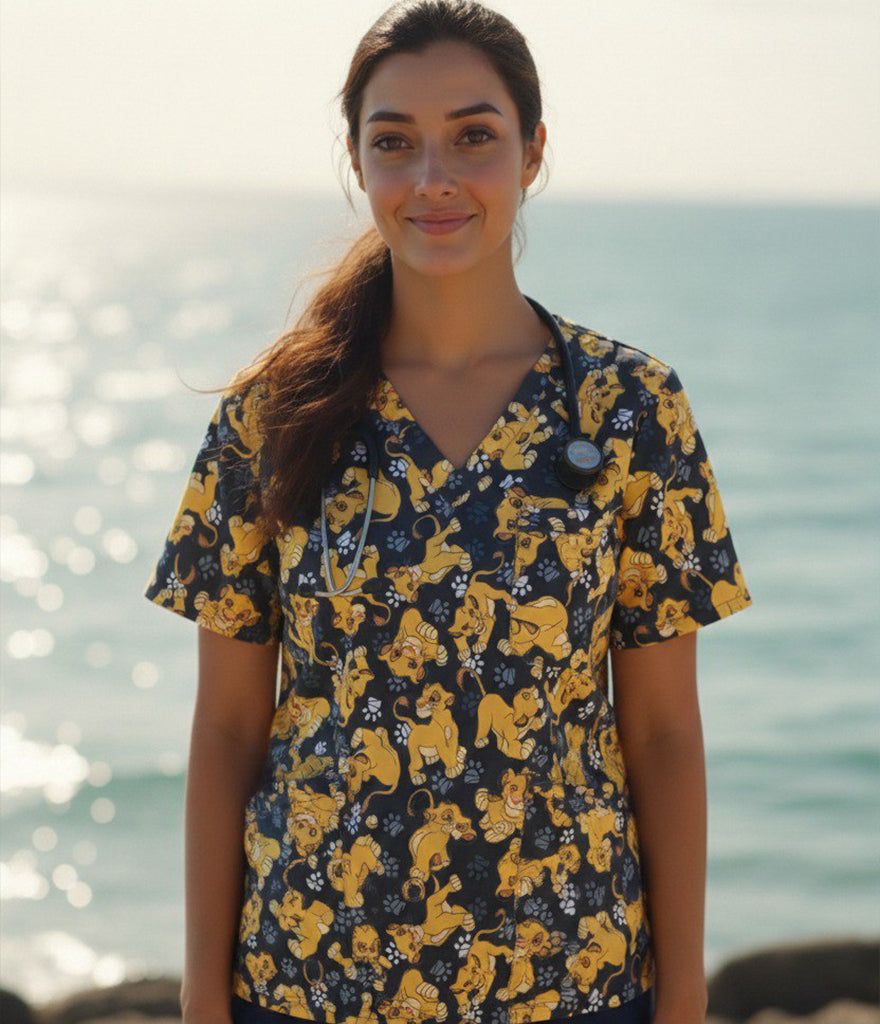 Lion King 3-Pocket STRETCH V-Neck Print Scrub Top