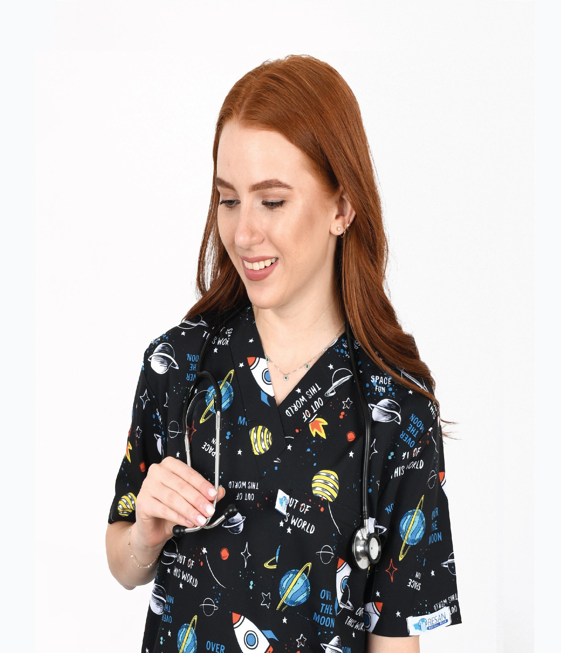Universe  3-Pocket STRETCH V-Neck Print Scrub Top