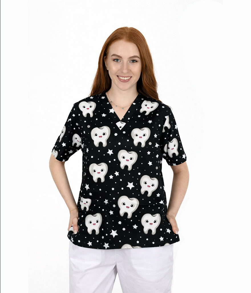 Dr.Smiler dental 3-Pocket STRETCH V-Neck Print Scrub Top