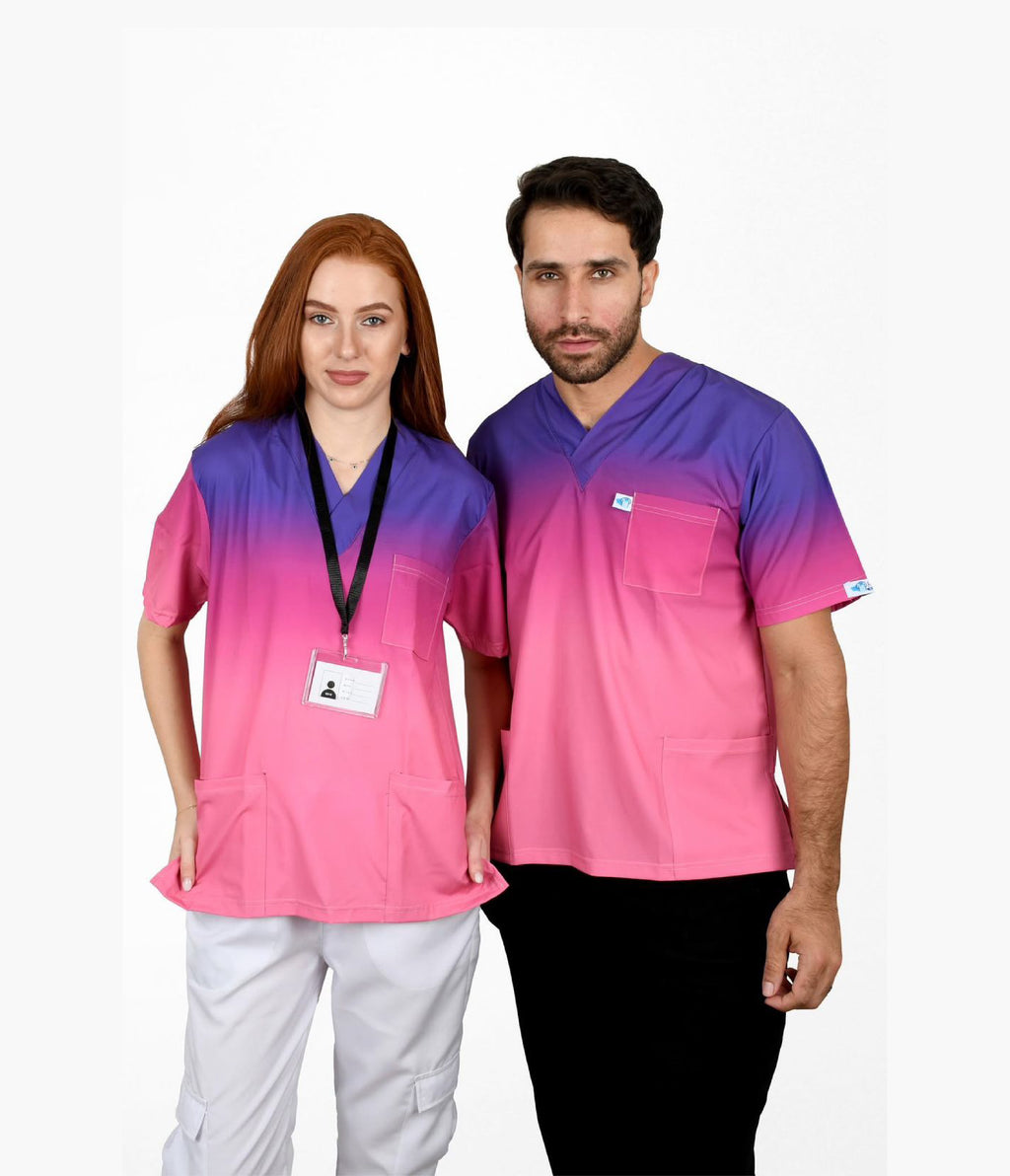 Male and female healthcare professionals wearing pink and purple ombre scrub tops in studio.