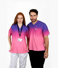 Male and female healthcare professionals wearing pink and purple ombre scrub tops in studio.