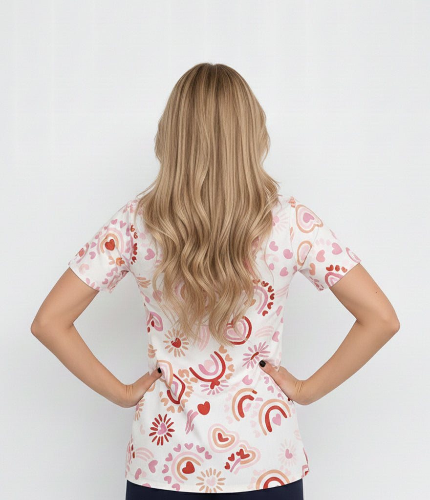Pink heart 3-Pocket STRETCH V-Neck Print Scrub Top