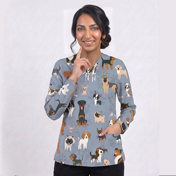 Furry Patients Medical 3-Pocket STRETCH V-Neck Print Scrub Top