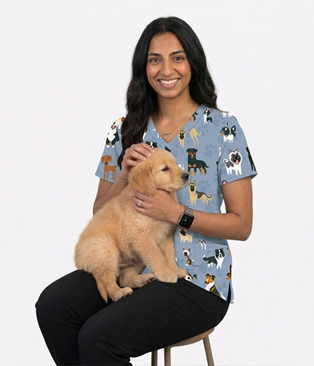 Furry Patients Medical 3-Pocket STRETCH V-Neck Print Scrub Top