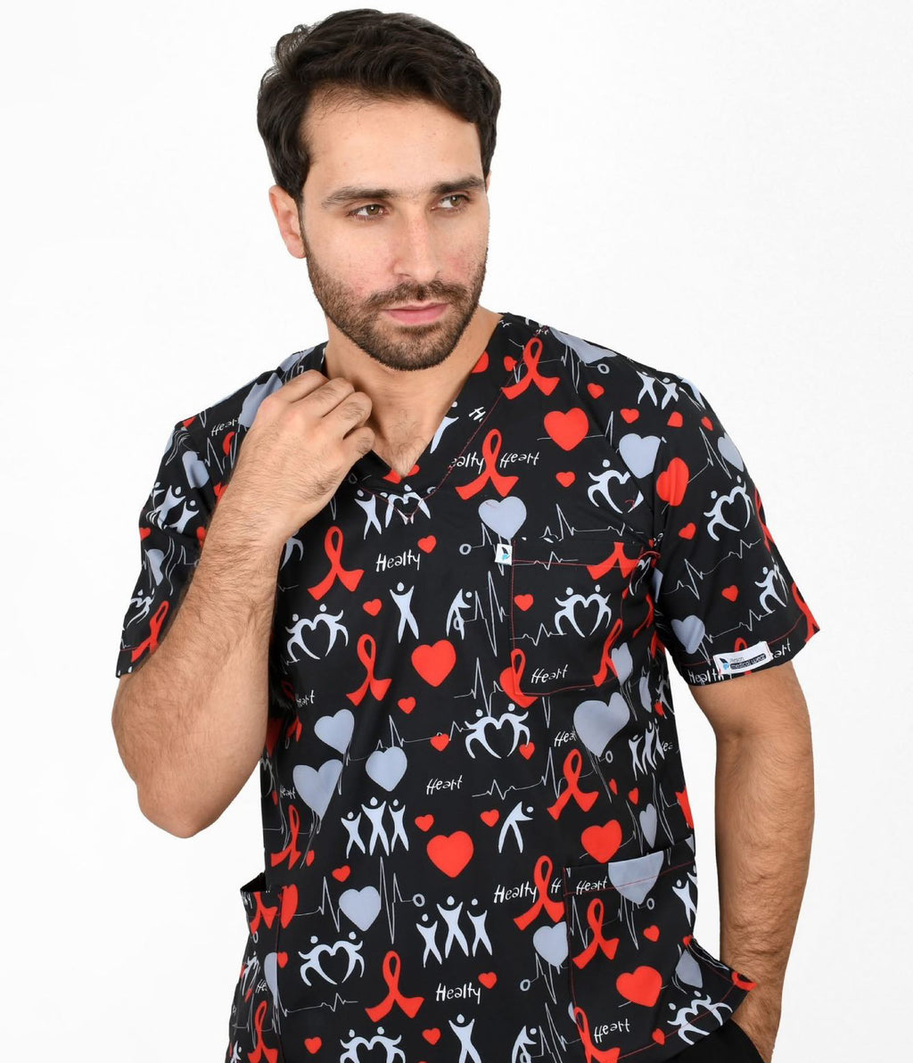 Healthy Heart 3-Pocket STRETCH V-Neck Print Scrub Top