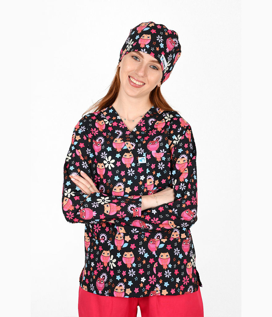 Pink Owl 3-Pocket STRETCH V-Neck Print Scrub Top