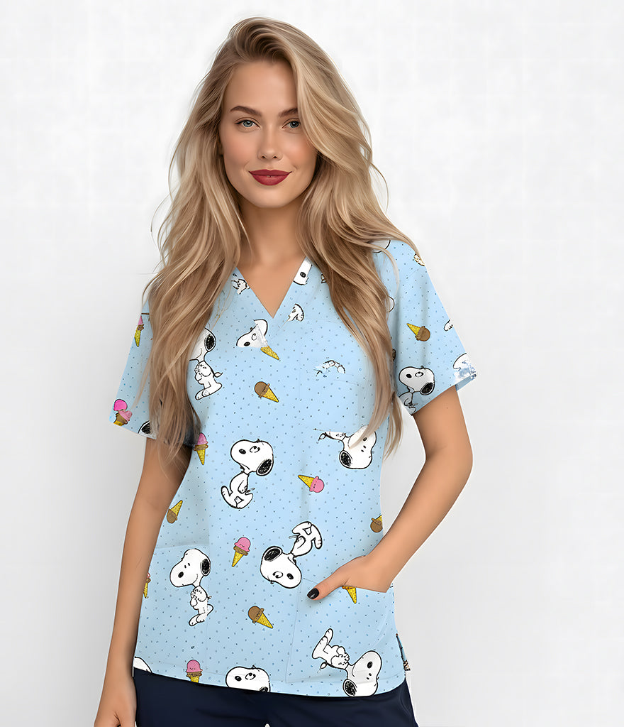 Peanuts Snoopy 3-Pocket STRETCH V-Neck Print Scrub Top