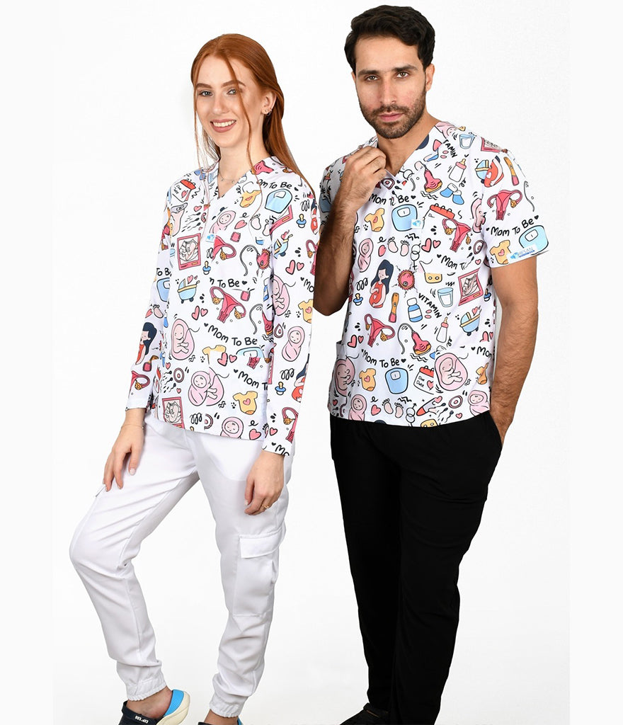 GlowBaby Medical 3-Pocket STRETCH V-Neck Print Scrub Top