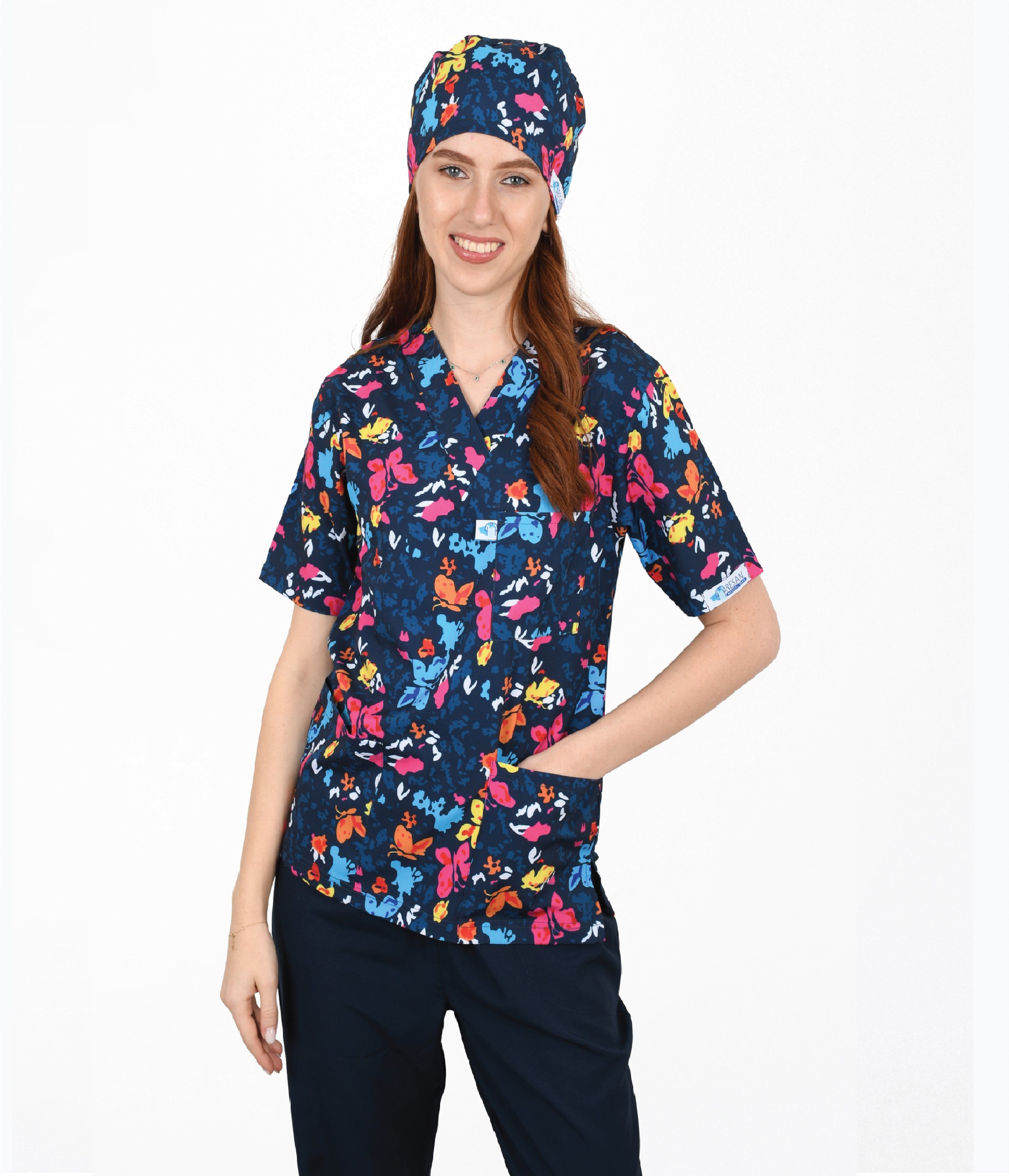 Navy Butterfly 3-Pocket STRETCH V-Neck Print Scrub Top