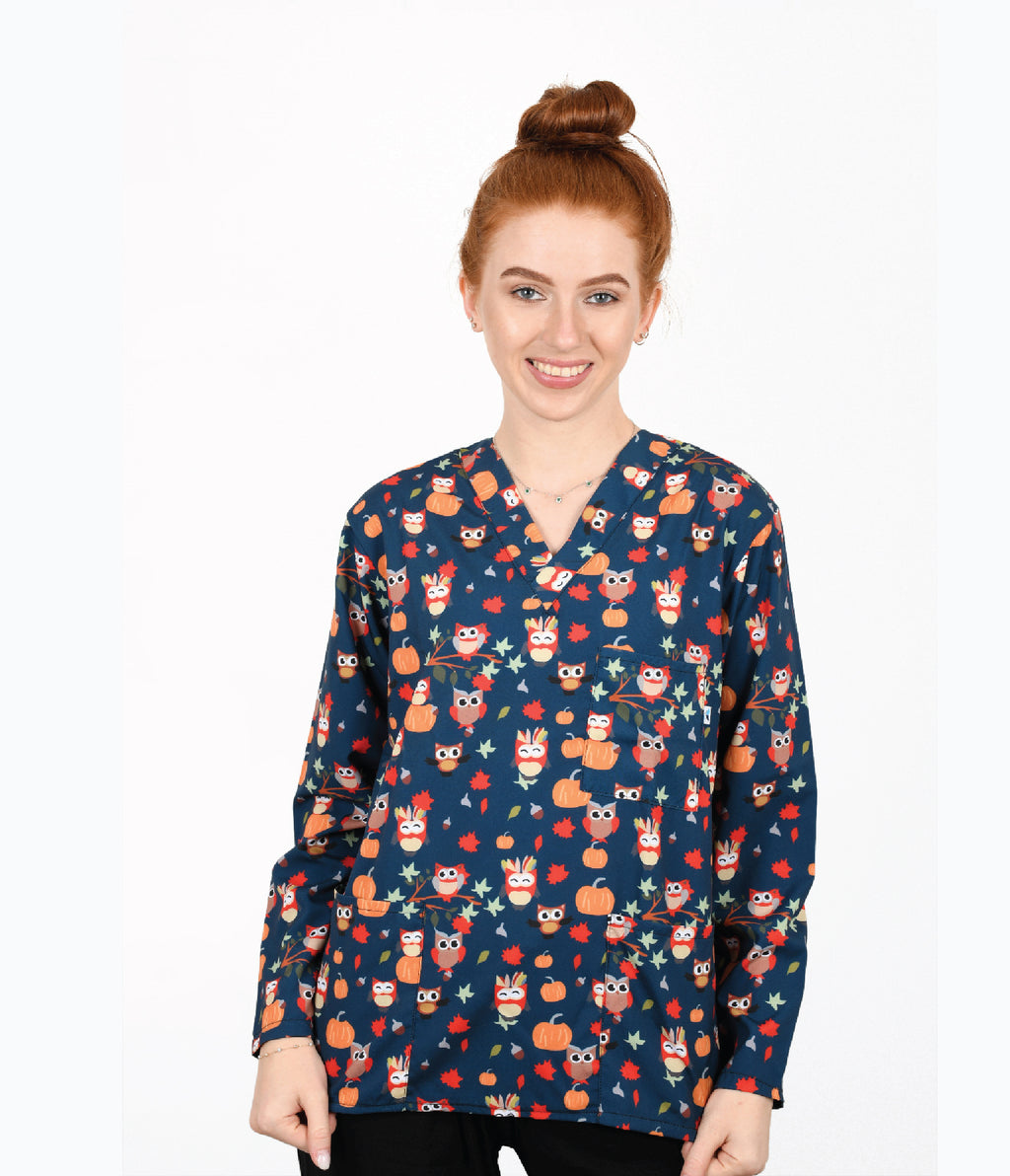 Navy owl 3-Pocket STRETCH V-Neck Print Scrub Top