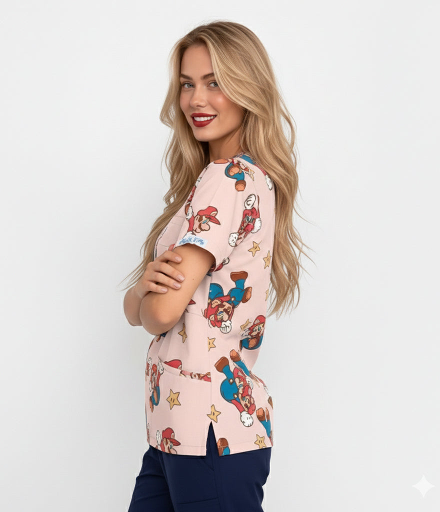 Super Mario medical 3-Pocket STRETCH V-Neck Print Scrub Top