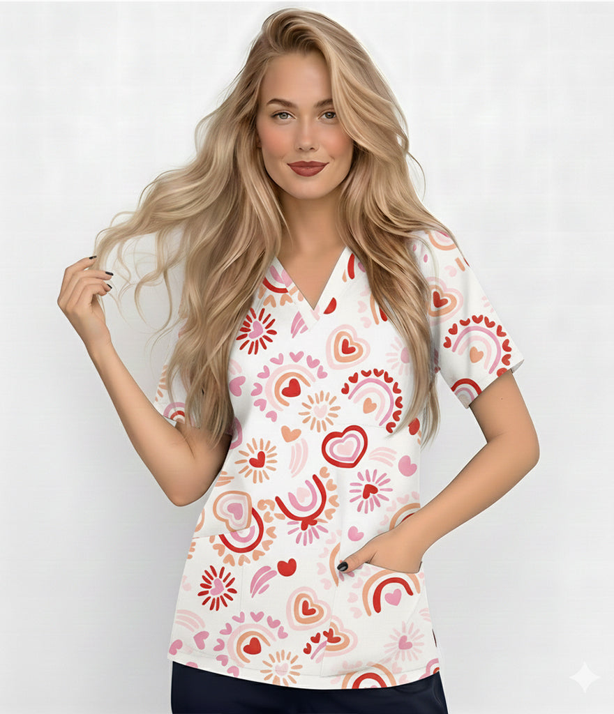 Pink heart 3-Pocket STRETCH V-Neck Print Scrub Top
