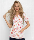 Pink heart 3-Pocket STRETCH V-Neck Print Scrub Top
