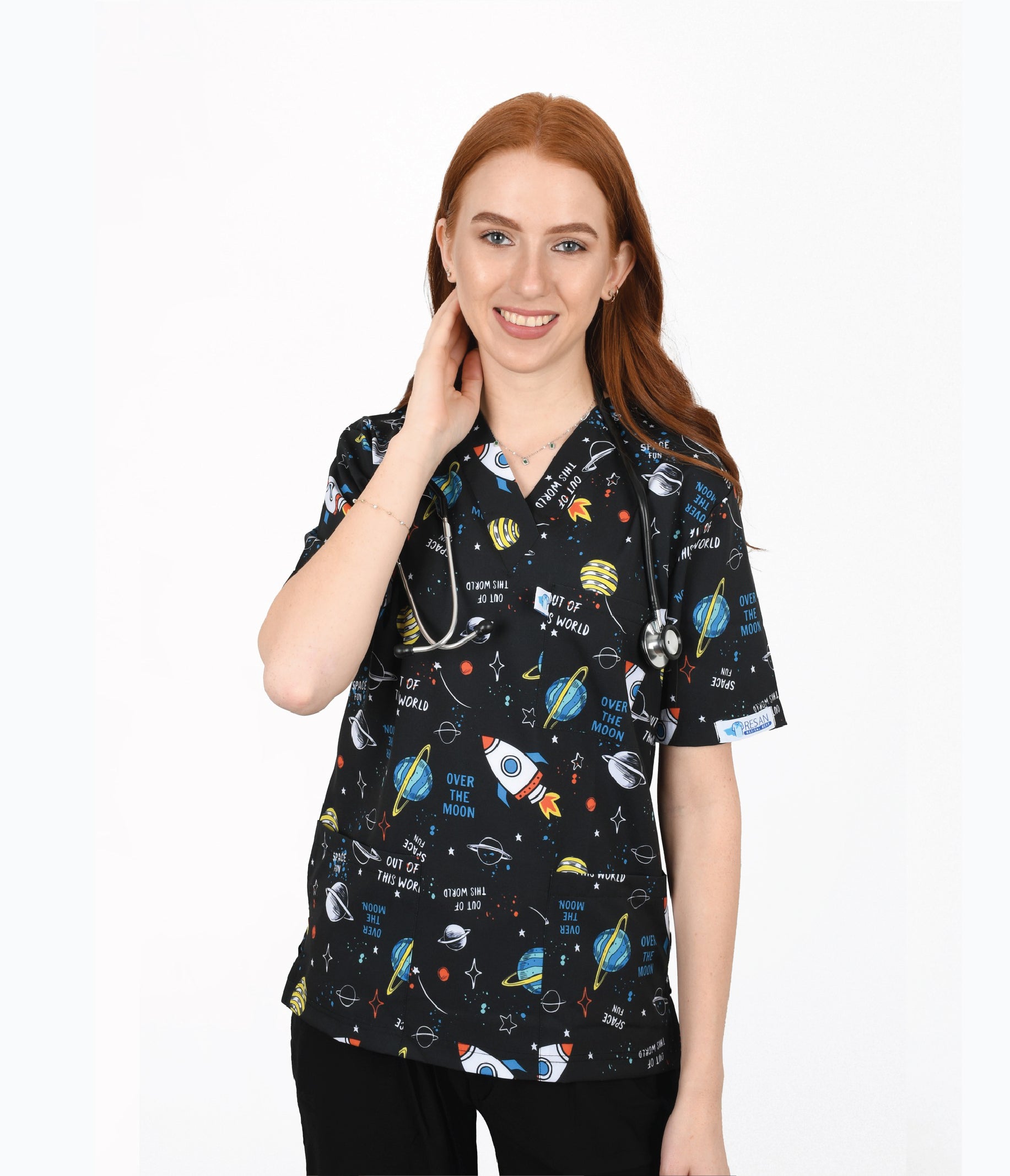 Universe  3-Pocket STRETCH V-Neck Print Scrub Top
